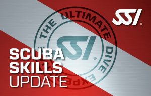 SSI Scuba Skills Update card, scuba tuneup refresher course showing dive flag against SSI logo